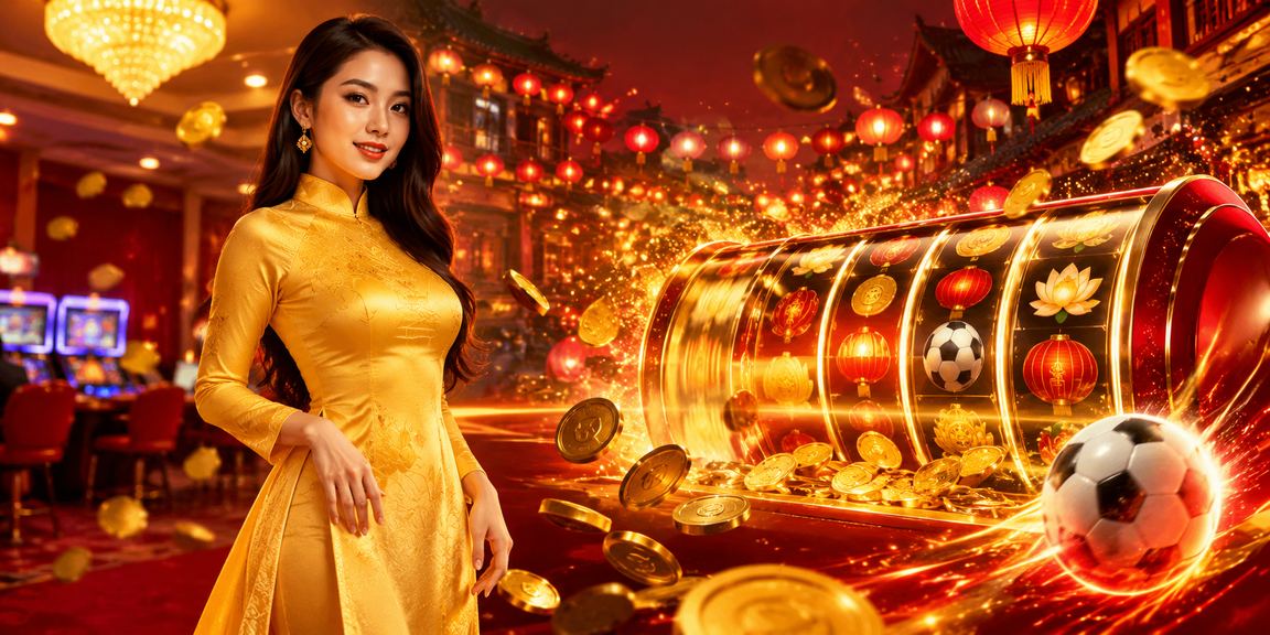 Người chơi trải nghiệm slot game tại Hội An với trang phục áo dài truyền thống Vietnam